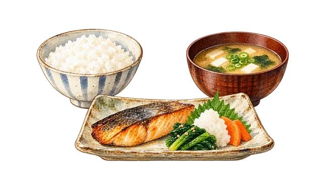 ご飯と焼き魚の和食膳のイラスト
