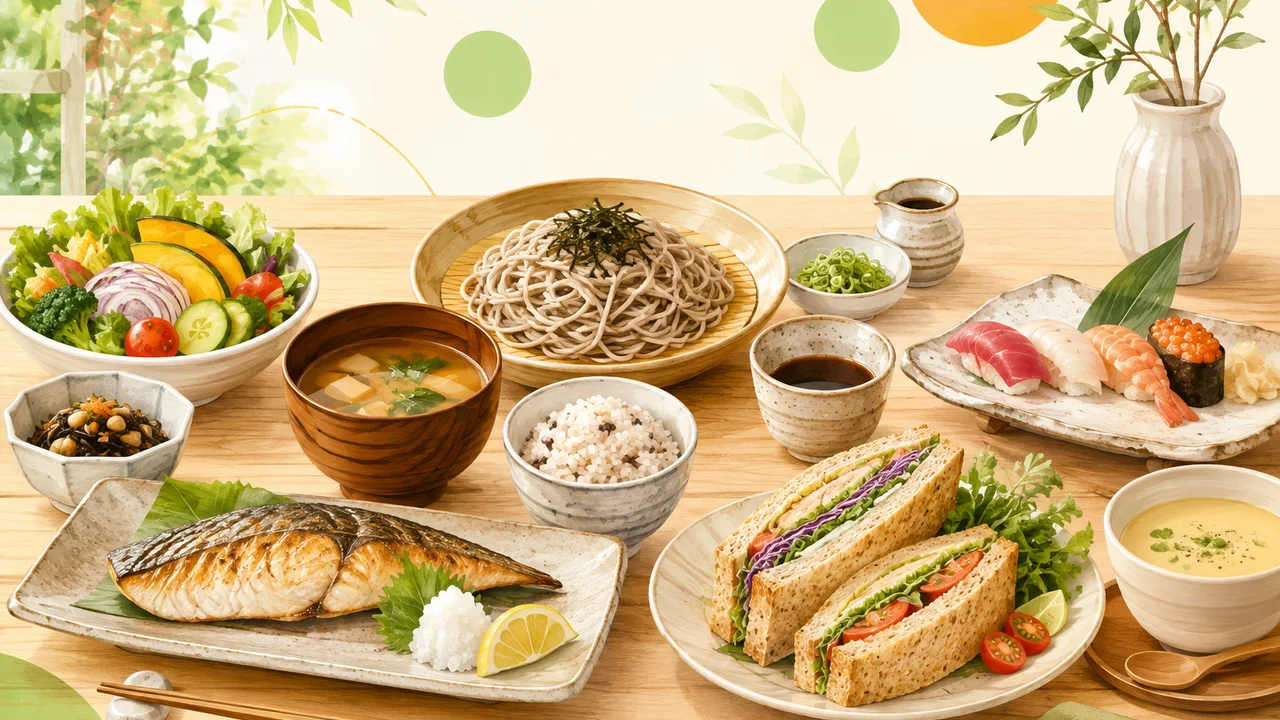焼き魚、そば、寿司、野菜、サンドイッチを組み合わせた外食メニュー