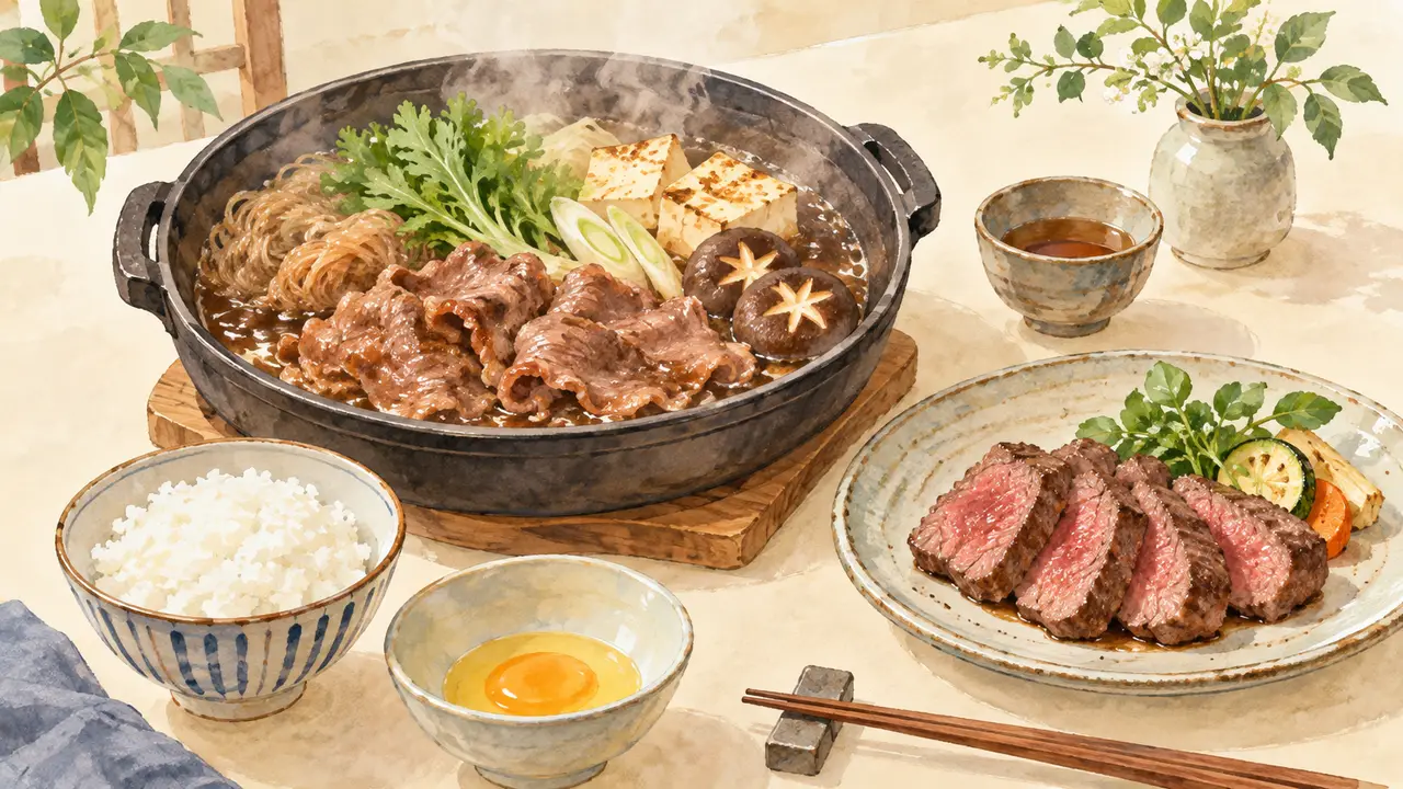 すき焼きとステーキの食卓を描いたイメージイラスト。カネ吉山本の商品写真ではありません