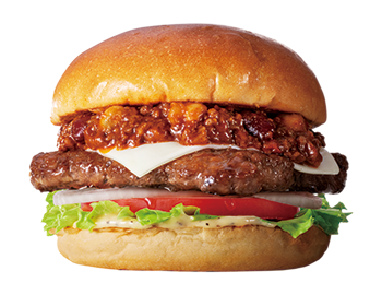 和牛ミートソースとチーズ、ビーフパティ、野菜を重ねた和牛ミートソースバーガーの企業配布写真